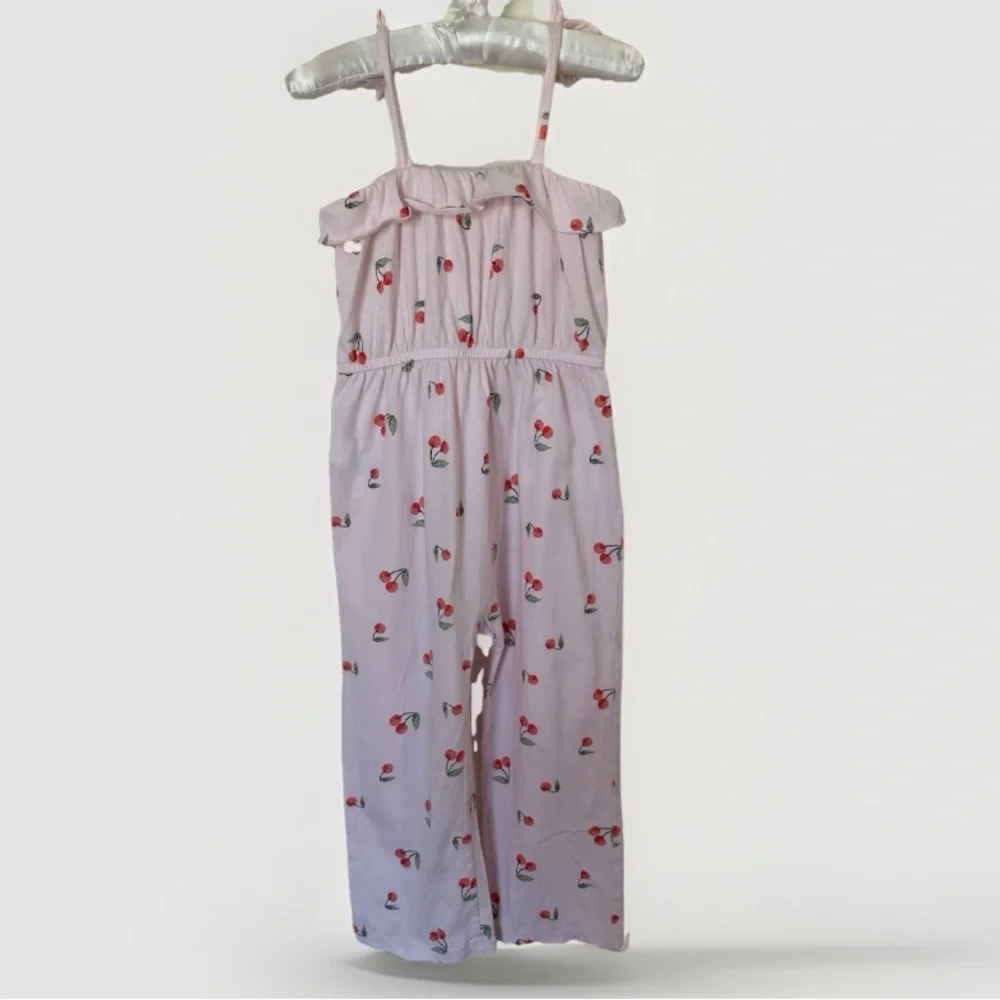 Old Navy Cherry Romper‎ Size 5 Pink Tie Strap Wide Leg Cotton Cute Summer